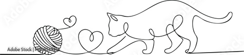 Minimalist Feline Playtime Sketch, Single Line Cat with Yarn and Hearts, vector, illustration, silhouette.