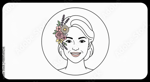 Woman with floral hair decoration smiling in circular frame line art illustration for beauty and wellness concepts