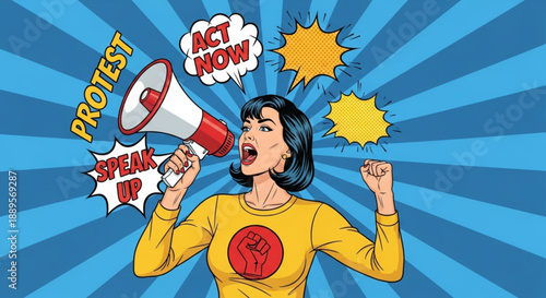 Woman with megaphone protesting and speaking up with raised fist in pop art style on blue background