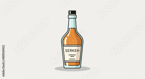 Whiskey bottle with serkeh label on white background illustration of brown liquor in glass bottle with black cap and white label
