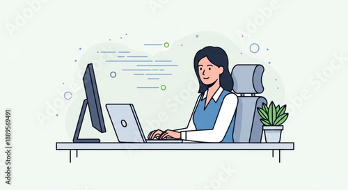 Woman working on laptop and computer at office desk with plant focused on productivity and multitasking
