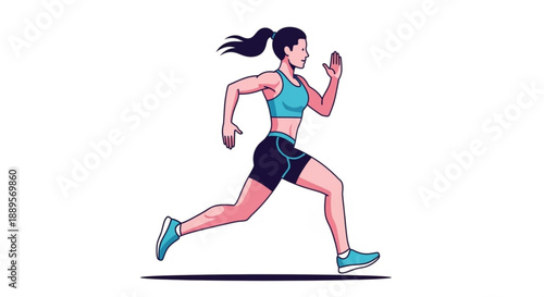 Woman in teal sports bra running energetically in motion with ponytail flowing athletic wear and sneakers on white background