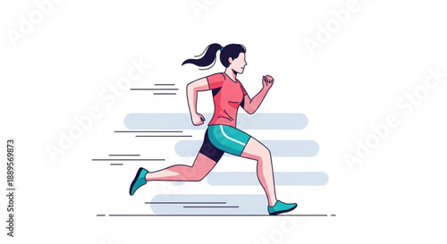 Woman running in motion with ponytail and athletic wear on a white background with blue speed lines