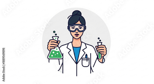 Female scientist in lab coat holding beaker and test tube with green liquid wearing safety goggles