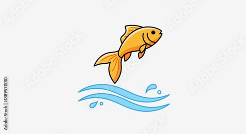 Vibrant orange fish jumping out of wavy blue water with droplets conveying freedom and joy in a playful illustration