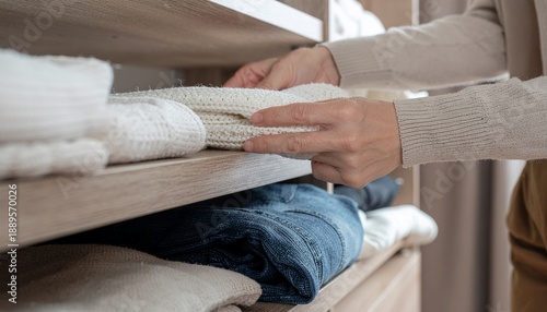 Close-up of a person's hands neatly folding and organizing white sweaters on a wooden shelf in a closet, demonstrating home organization.