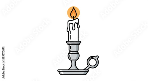 A lit candle on a vintage metal candlestick holder with a handle on a white background