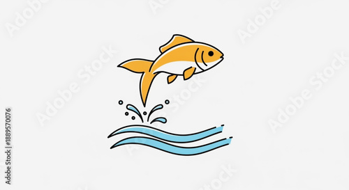 Vibrant orange fish jumping out of wavy blue water with splashes dynamic movement