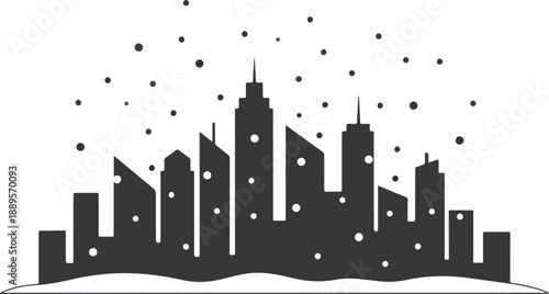 Black and white silhouette of a city skyline under falling snow