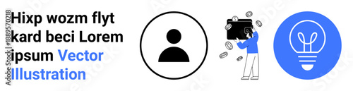 Business creativity, financial growth, idea generation, personal identity, digital economy, innovation. Features a person icon, coins around a wallet and a light bulb. Business creativity