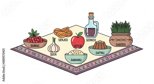 Traditional nowruz haft seen table setting with symbolic foods and drinks on decorative cloth