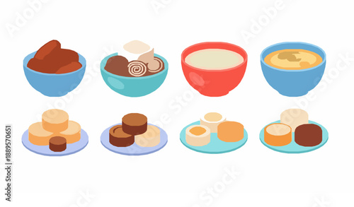 Cute flat cartoon Ramadan food collection with dates kolak porridge soup and sweets vector illustration