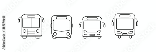 Front view bus icon set featuring four different modern and classic transport vehicle line art designs