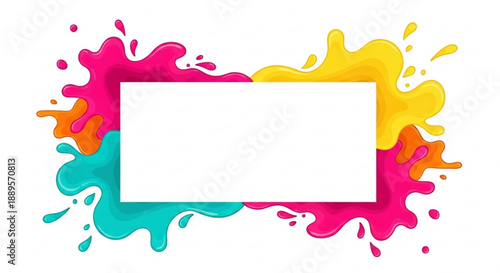 Colorful abstract paint splashes frame a white rectangle vibrant liquid border for creative design and celebration invitations isolated on white