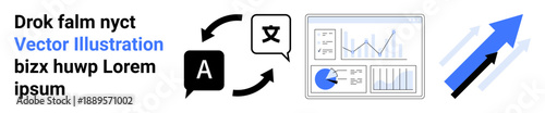 Language translation icons, data analytics charts, and an upward arrow symbolizing growth. Ideal for technology, business, education, communication, analytics, global reach simple landing page