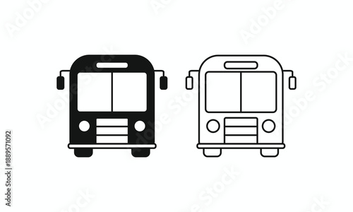 Front view bus icon set in solid black and thin outline styles. Public city transport and school bus vector symbols for web, apps, and infographics