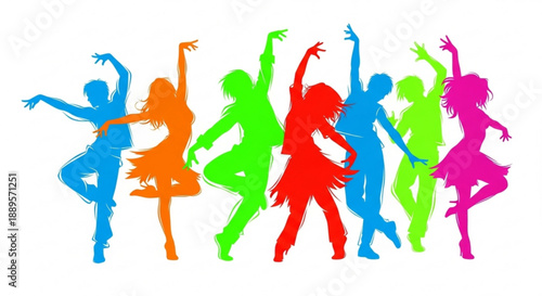 Vibrant silhouette dancers in colorful poses representing joy and movement ideal for event promotions and creative projects