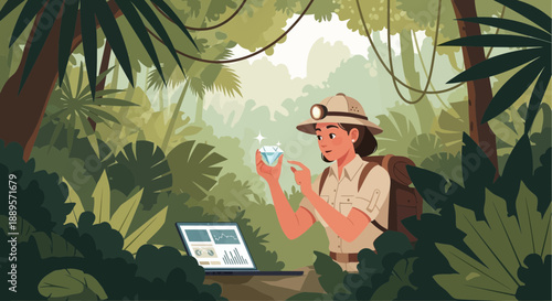 Explorer examining crystal in jungle with laptop