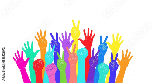 Diverse hands raised in colorful celebration symbolizing unity teamwork and voting isolated on white background