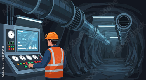 Industrial worker operating machinery control panel