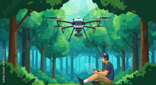 Man Operating Drone in Forest with Laptop