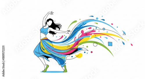 Woman dancing with colorful abstract splashes and swirls representing movement and celebration isolated on white background