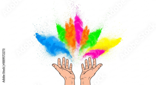 Hands releasing colorful powder explosions symbolizing creativity and celebration isolated on white background for design