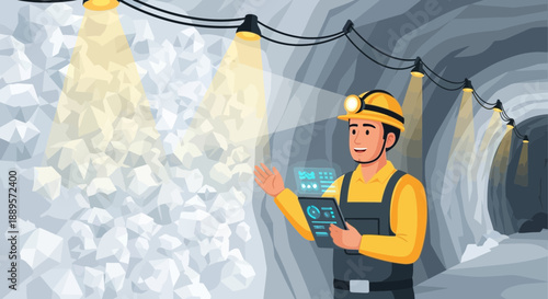 Miner using a tablet in a mine tunnel with LED lights