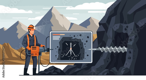 Miner using technology to drill into mountain rock face