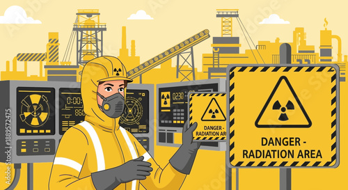 Nuclear worker in protective gear holds radiation sign