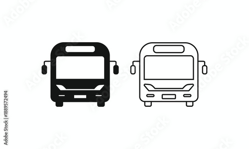 Bus icon set featuring front view designs in solid and outline styles. Public city transport and school bus vector symbols for web, apps, and infographics
