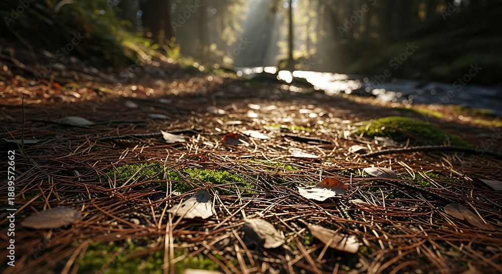 Obraz premium Low Angle Forest Floor with Pine Needles Moss and Dappled Light