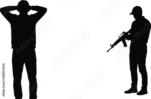 Silhouette of armed confrontation with surrender gesture, authority and detainment theme illustration, transparent background graphic