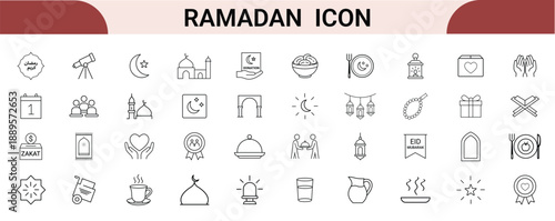 Ramadan Icon Set for Islamic Fasting, Prayer, Iftar and Religious Festival Design in Line, Silhouette and Color Style
