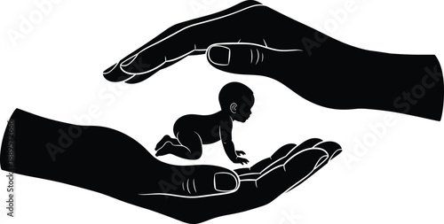 Silhouette of crawling baby cupped between protective hands, infant care and safety theme illustration, transparent background graphic