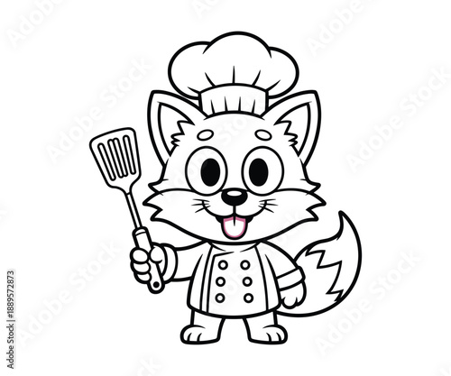 Cartoon fox chef character wearing a hat and uniform holding a spatula cooking.