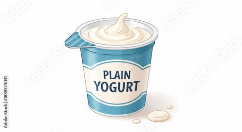 A close-up of an open container of plain yogurt on a white background, viewed from directly above, with spilled yogurt nearby