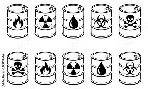 Line art hazardous barrel icons set featuring various hazard symbols for industrial safety and warning concepts