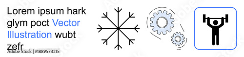 Winter, engineering design, fitness motivation, technology development, physical strength, industrial planning. A snowflake, mechanical gears and a weightlifter are . Winter and engineering design