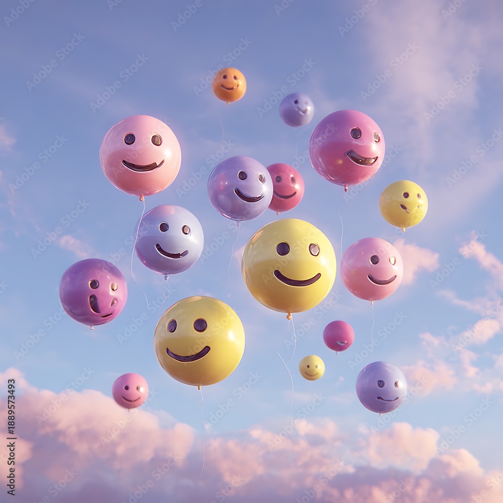 Obraz premium Emoji faces floating like balloons, playful surreal pop art style