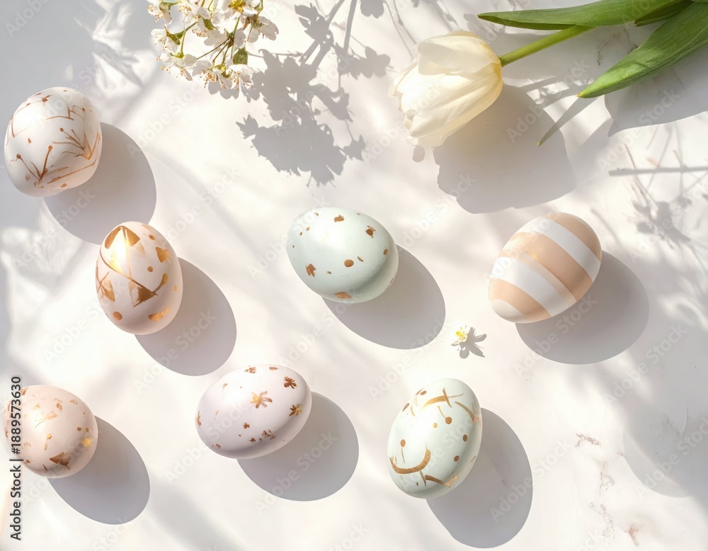 Obraz premium Decorative Easter Eggs on a Light Surface with Flowers and Shadows