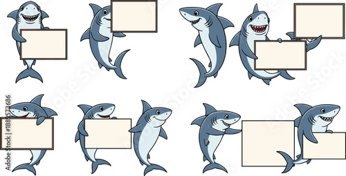 Cute Shark Cartoon Vector Set Holding Blank Sign Boards with Multiple Poses for Advertising Promotions Kids Education Posters Banners and Social Media Designs