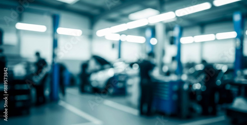 Wallpaper Mural Blurry interior of a vehicle repair shop with workers and lifts showing busy automotive service activity, industrial workspace atmosphere, and soft out of focus lighting Torontodigital.ca
