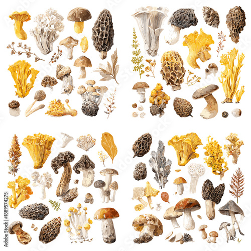 Detailed watercolor illustration set of wild mushrooms and forest fungi. Natural edible collection perfect for botanical art food education and foraging design.