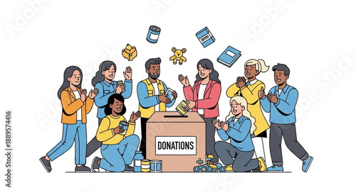 Diverse group of people donating toys and money to a donation box.