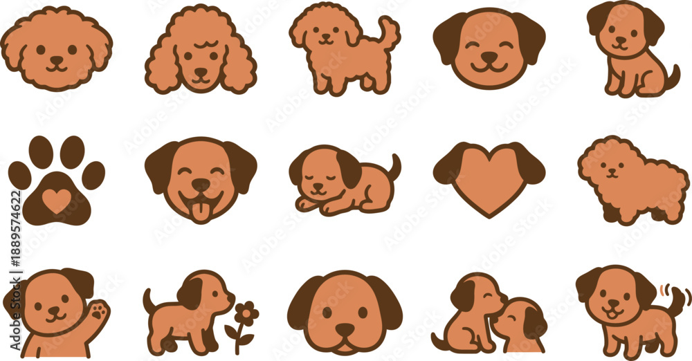Obraz premium An adorable vector collection of charming cartoon puppy illustrations, showcasing delightful dogs in various poses with a paw print