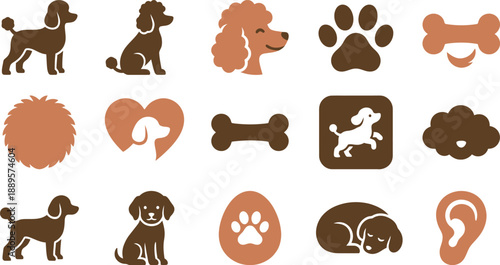 Diverse Collection of Poodle and Canine Themed Vector Icons in Brown and Cream Tones for Pet Care and Animal Lover Designs