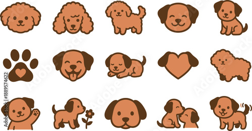 An adorable vector collection of charming cartoon puppy illustrations, showcasing delightful dogs in various poses with a paw print