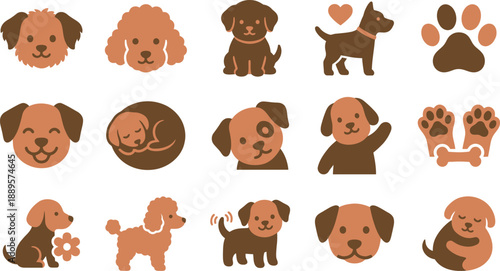 A charming collection of playful cartoon dog icons and puppy illustrations, perfect for pet-themed graphic design projects and digital assets