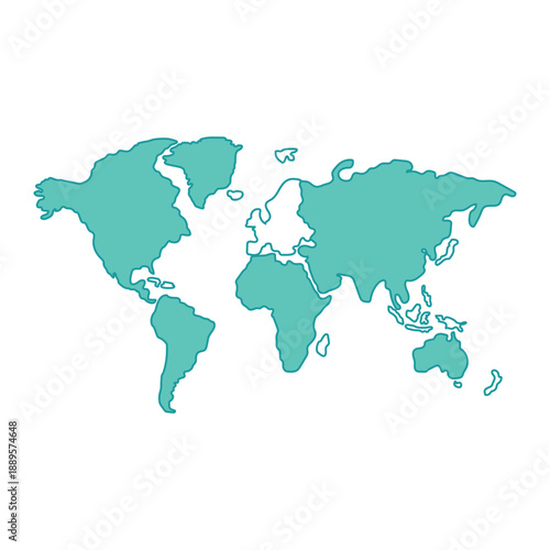 A simplified, flat, teal-colored world map illustration showing the continents of North America, South America, Europe, Africa, Asia, and Australia on a white background.